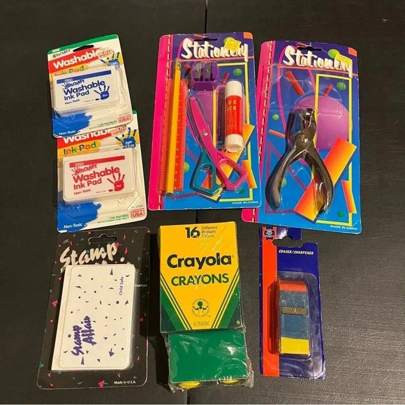 Vintage Unopened School Supplies Crayola Sharpener Eraser Hole Punch Ink Pads - Picture 1 of 6